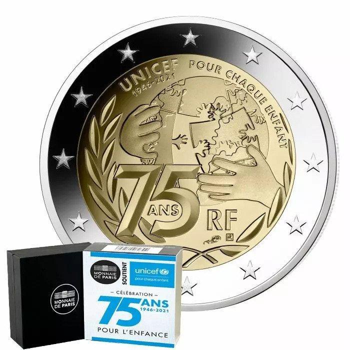 France. 2 Euro 2021 UNICEF (2 monnaies) Proof + BU (Sans, Timbres & Monnaies, Monnaies | Europe | Monnaies euro
