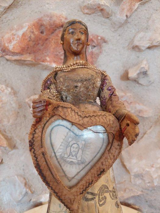 Antiek Mariabeeldje - 38 cm - Papier mache - Hout - Stof -, Antiek en Kunst, Antiek | Boeken en Manuscripten
