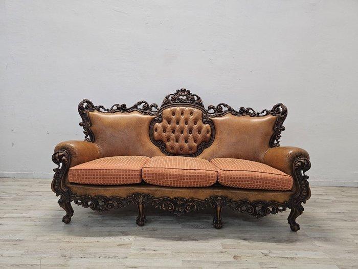 Sofa - Hout, Leder, Textiel - Bergère in de stijl van Luigi, Antiquités & Art, Curiosités & Brocante