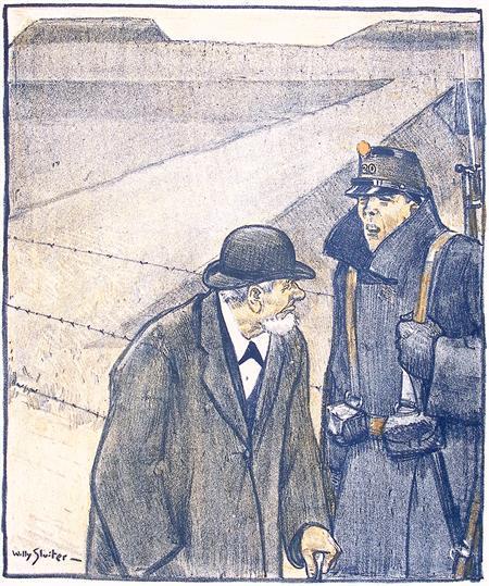 Spotprent over grensbewaking in Nederland tijdens Eerste..., Antiek en Kunst, Kunst | Litho's en Zeefdrukken, Verzenden