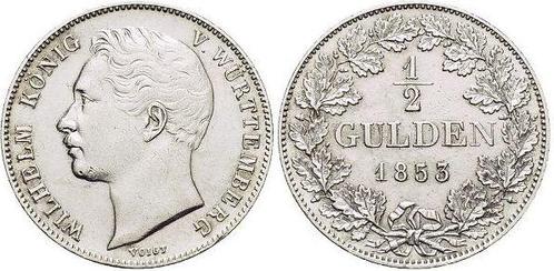 1/2 Gulden 1853 Wuerttemberg Wilhelm I 1816-1864, Postzegels en Munten, Munten | Europa | Niet-Euromunten, België, Verzenden
