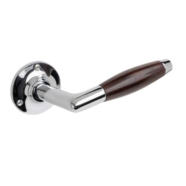 Deurklinken Retro palissander geveerd met ronde rozetten..., Doe-het-zelf en Bouw, Hang- en Sluitwerk, Klink of Kruk, Nieuw, Koper of Messing