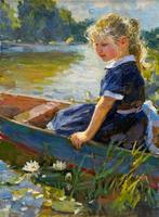 Vladimir Goussev (1957) - Promenade en Barque - Rivière aux, Antiek en Kunst, Kunst | Schilderijen | Klassiek