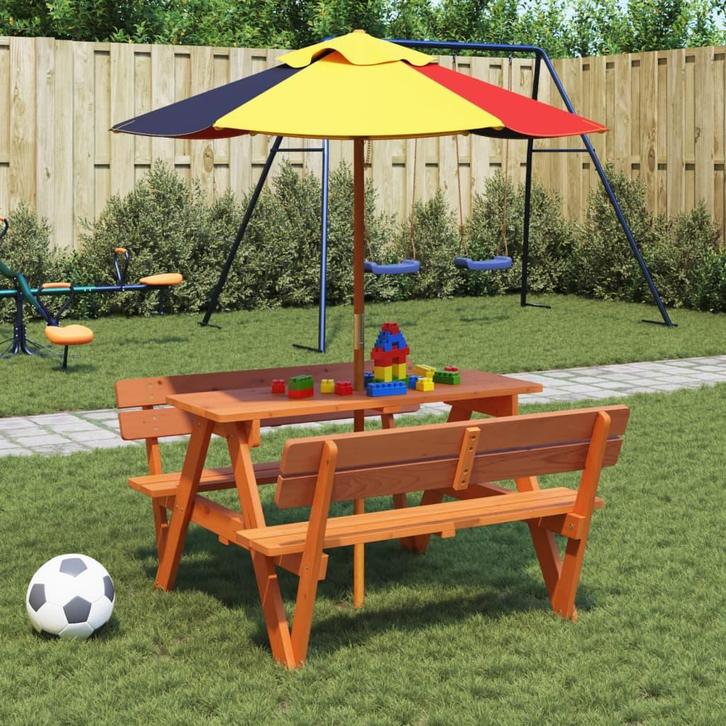 vidaXL Picknicktafel voor 4 kinderen met parasol massief, Tuin en Terras, Tuintafels, Nieuw, Verzenden