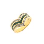 18 Krt. Gouden v-vorm ring met smaragd en diamant | 0,34 ct., Handtassen en Accessoires, Ringen, Gebruikt, Overige kleuren, Ophalen of Verzenden