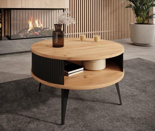 Meubella Salontafel rond eiken zwart 75cm | Metalen poten, Huis en Inrichting, Tafels | Salontafels, Nieuw, 50 tot 100 cm, Minder dan 50 cm