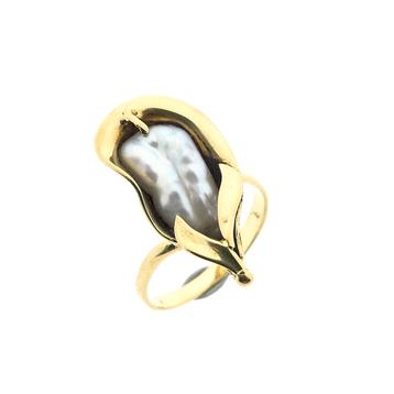 Gouden ring met barok parel (organische ring, geelgoud), Ophalen of Verzenden