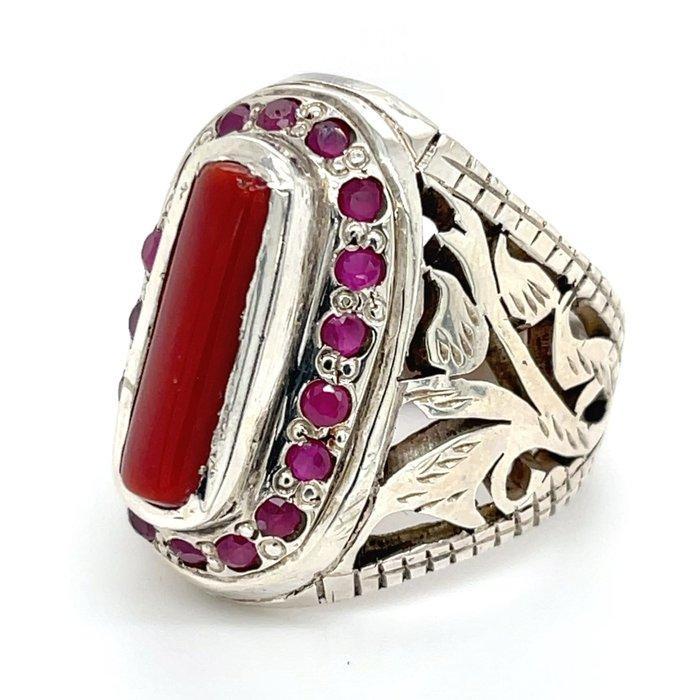 Zilver - Ring - Koraal en robijnen, Antiek en Kunst, Kunst | Niet-Westerse kunst