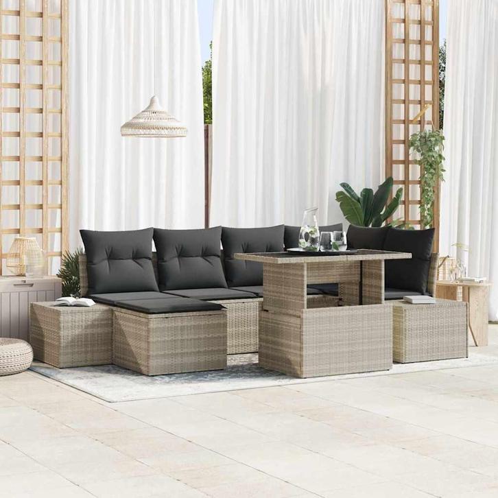 vidaXL Tuinbank Set 7 pcs Lichtgrijs Poly riet, poedercoated, Tuin en Terras, Tuinsets en Loungesets, Nieuw, Verzenden