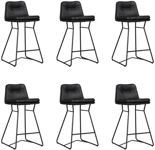 Set van 6 Zwarte leren industriële barkrukken - staal zwart, Huis en Inrichting, Stoelen, Overige kleuren, Vijf, Zes of meer stoelen