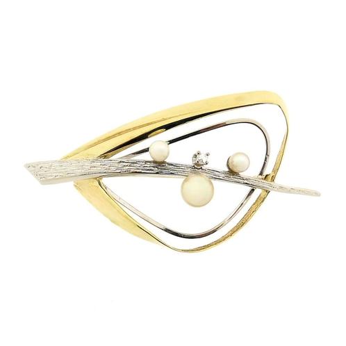 Bicolor gouden fantasie broche met parel en diamant | 0,0..., Handtassen en Accessoires, Broches, Overige kleuren, Gebruikt, Met edelsteen