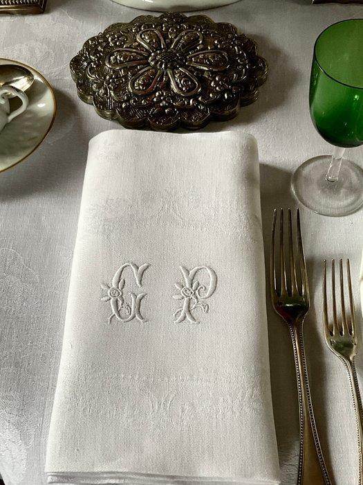 6 vroege 20e-eeuwse zijden en linnen damast servetten met, Antiek en Kunst, Antiek | Tapijten, Tafelkleden en Textiel