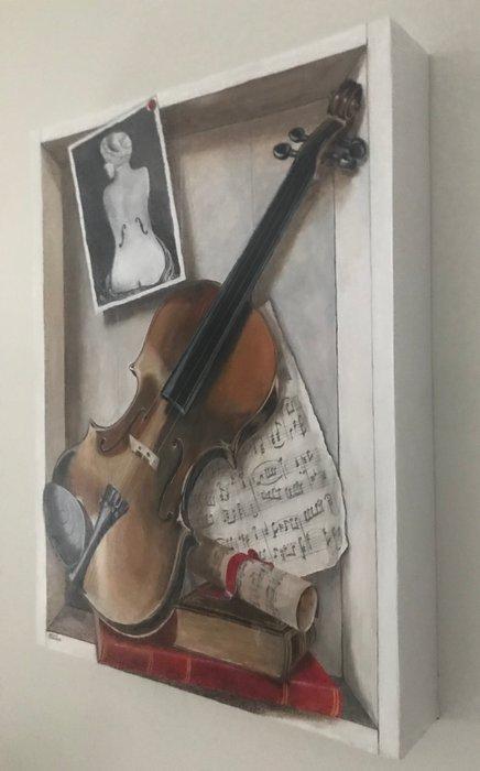 Willie Manders - Viool met foto Man Ray “Trompe l’oeil”, Antiek en Kunst, Kunst | Schilderijen | Modern
