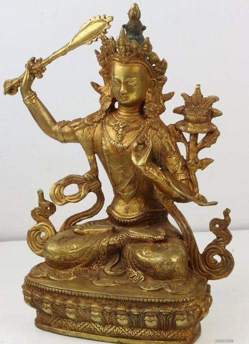 schitterend standbeeld Manjushri - Verguld brons - Nepal, Antiquités & Art, Antiquités | Autres Antiquités