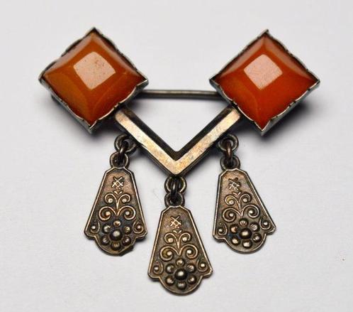 Ambre - URSS Soviétique Argent 875 - Broche - Latvian Saxta, Antiek en Kunst, Antiek | Zilver en Goud