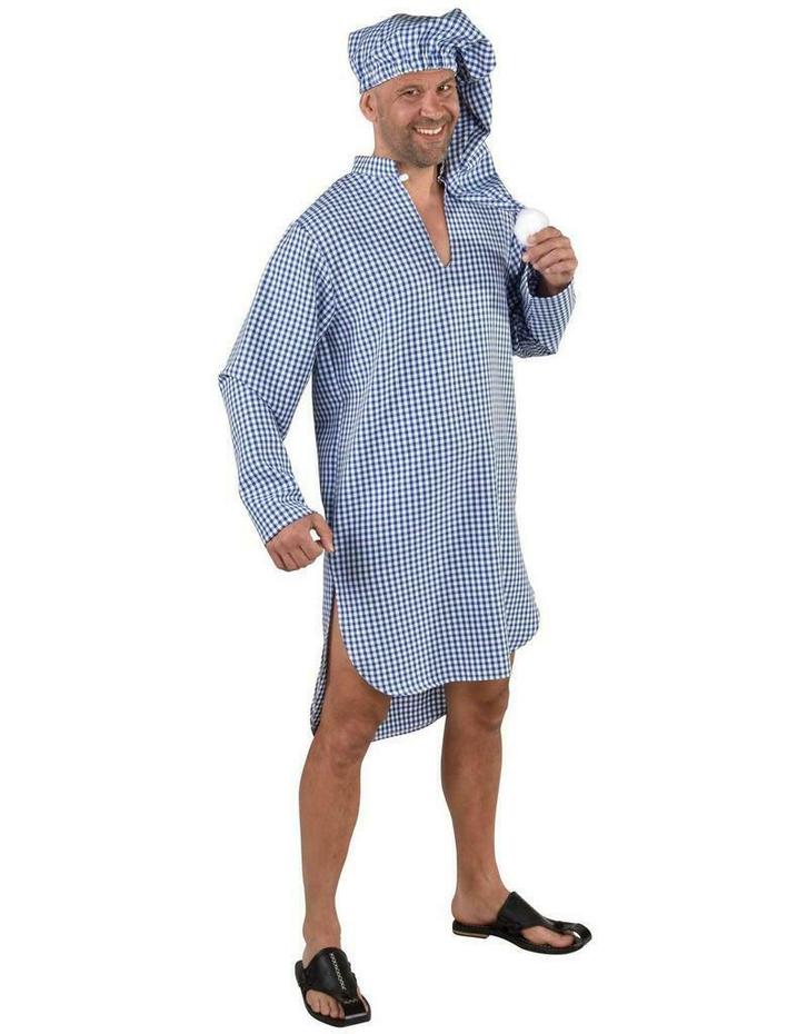 Blauw geruit slaapkleed met nachtmuts, Hobby en Vrije tijd, Feestartikelen, Ophalen of Verzenden