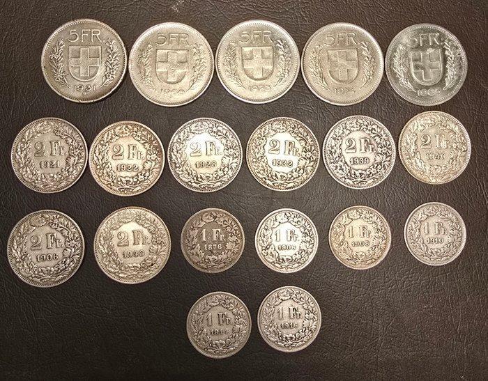 Zwitserland. Lot of 19 coins, incl. silver, 1, 2, 5 Francs, Postzegels en Munten, Munten | Europa | Niet-Euromunten