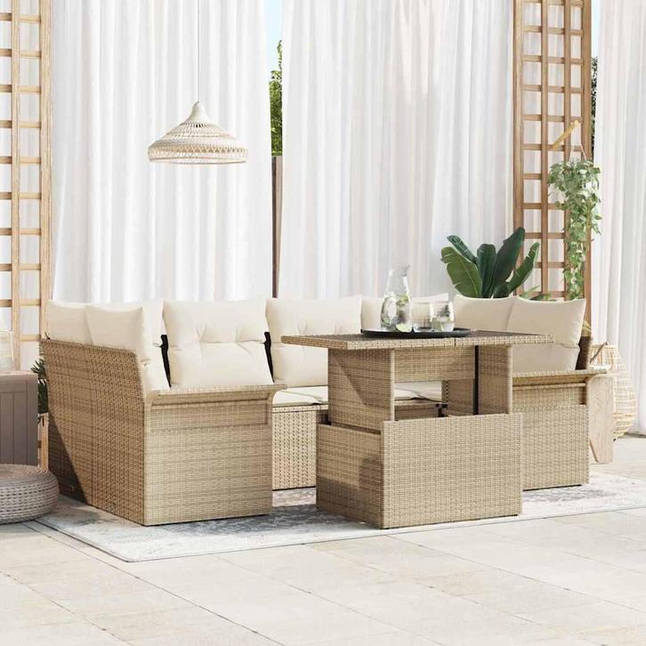 vidaXL Tuinbank Set met kussen met opslag 7 pcs Beige Poly, Tuin en Terras, Tuinsets en Loungesets, Nieuw, Verzenden