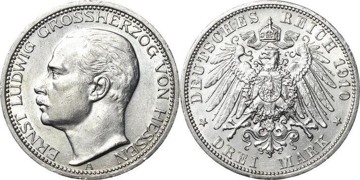 3 Mark 1910 Hessen Ernst Ludwig 1892-1918, Timbres & Monnaies, Monnaies | Europe | Monnaies non-euro, Envoi