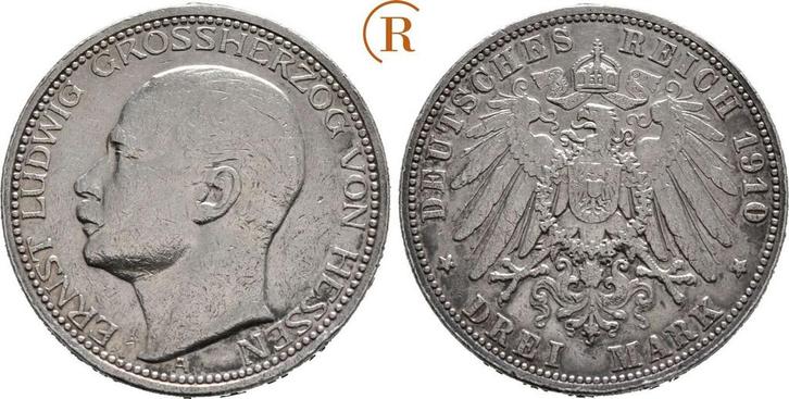 3 Mark 1910 A Kaiserreich: Hessen: Ernst Ludwig, 1892-1918:, Postzegels en Munten, Munten | Europa | Niet-Euromunten, België, Verzenden