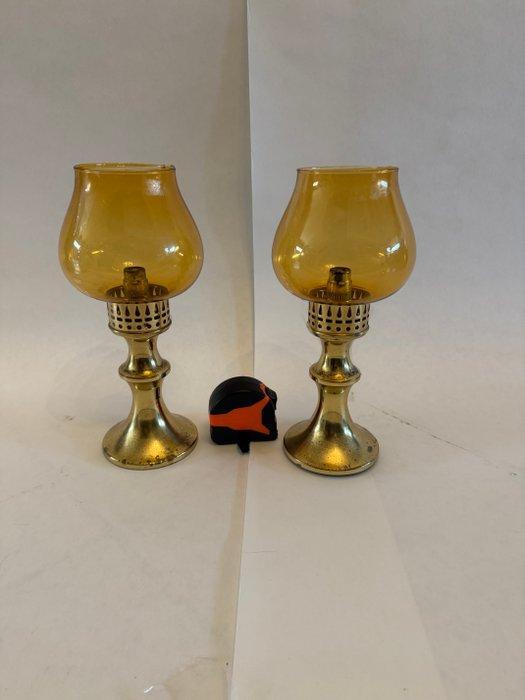 Kandelaar Set antieken koperen kandelaren met glazen bollen, Antiek en Kunst, Curiosa en Brocante