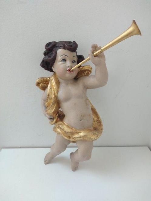 Snijwerk, Holzfigur - farbiger Engel mit Trompete - Amor -, Antiek en Kunst, Antiek | Boeken en Manuscripten