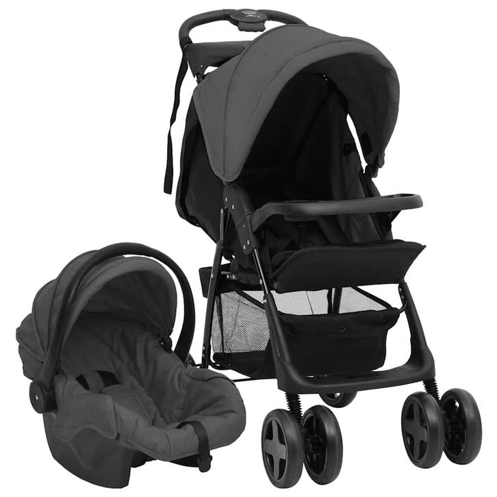 vidaXL Kinderwagen 3-in-1 staal donkergrijs en zwart, Kinderen en Baby's, Kinderwagens en Combinaties, Nieuw, Verzenden