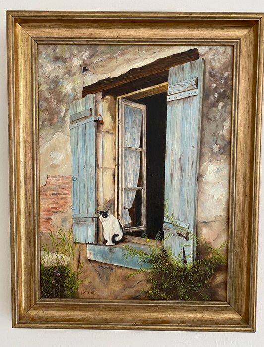 H. Dammen (XX-XXI) - Kat in venster, Antiquités & Art, Art | Peinture | Classique