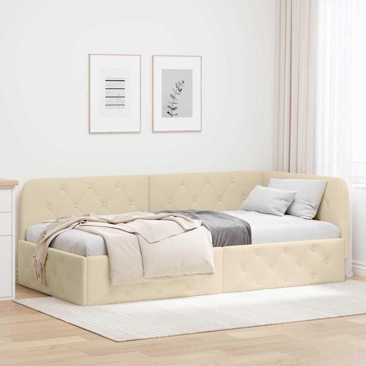 vidaXL Hoek Bed Frame met hoofdeinde Crème 90 x 190 cm Stof, Huis en Inrichting, Slaapkamer | Bedden, Nieuw, Verzenden