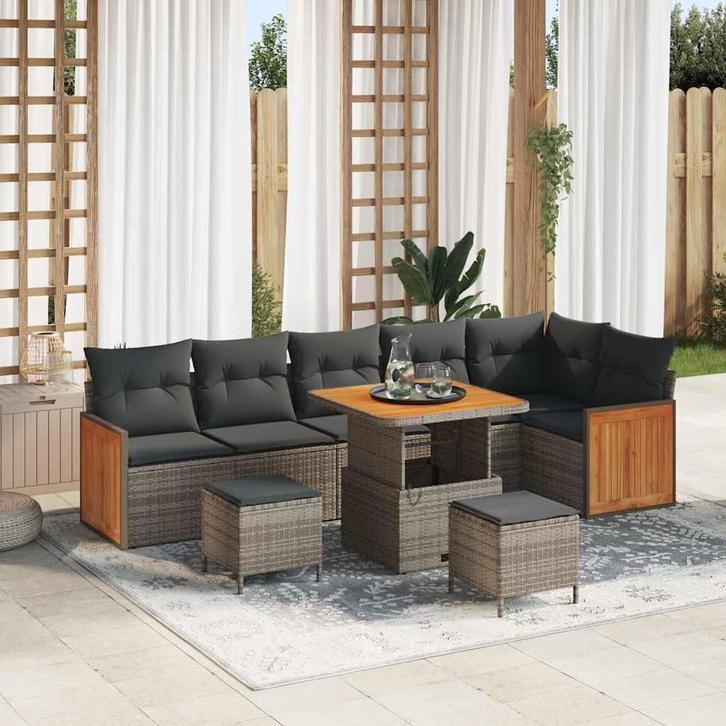 vidaXL Tuinbank Set 9 pcs Grijs Poly Riet en Poedergecoat, Tuin en Terras, Tuinsets en Loungesets, Nieuw, Verzenden