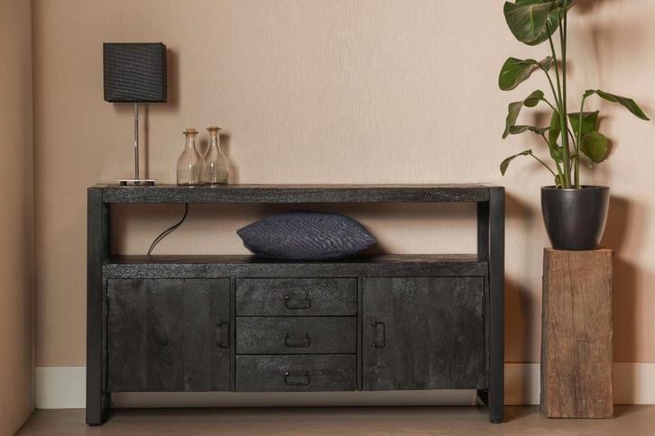 Dressoir Mangohout Kensi 140 2 Deuren 3 Lades Zwart, Huis en Inrichting, Kasten | Dressoirs, Nieuw, Verzenden