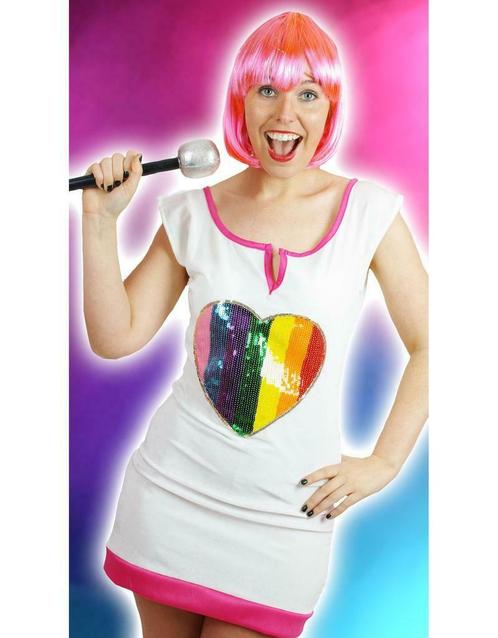 Popster verkleed jurk met glitter hart voor volwassenen, Hobby en Vrije tijd, Feestartikelen, Ophalen of Verzenden