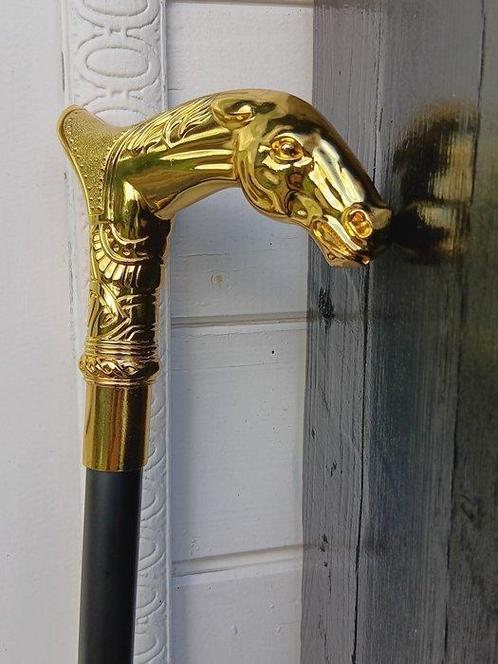 Canne de marche - Cheval doré à lor - métal bois, Antiek en Kunst, Kunst | Designobjecten