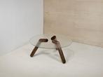 glass side table -sand fused glass - walnut wood legs -