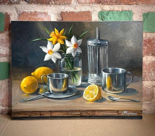 Merie Khys (XX-XXI) - Still life with lemons and daffodils, Antiek en Kunst, Kunst | Schilderijen | Klassiek