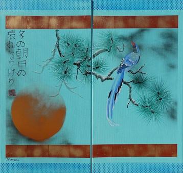 Ksavera - Japanese bird J349 - turquoise painting - diptych
