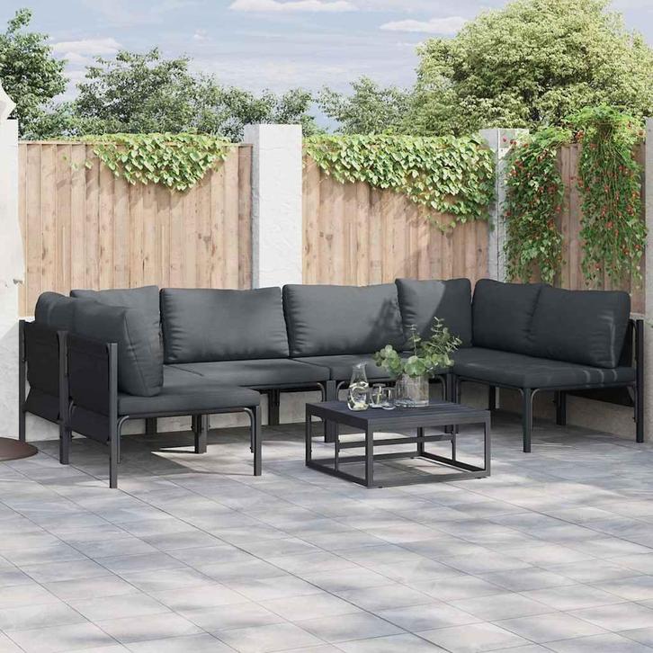 vidaXL Tuinbank Set met kussen 7 pcs Zwart Staal, Tuin en Terras, Tuinsets en Loungesets, Nieuw, Verzenden