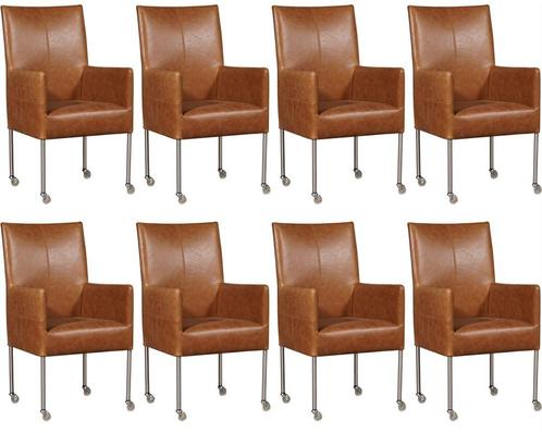 Set van 8 Cognac leren moderne eetkamerstoelen - poot rond, Huis en Inrichting, Stoelen, Overige kleuren, Vijf, Zes of meer stoelen