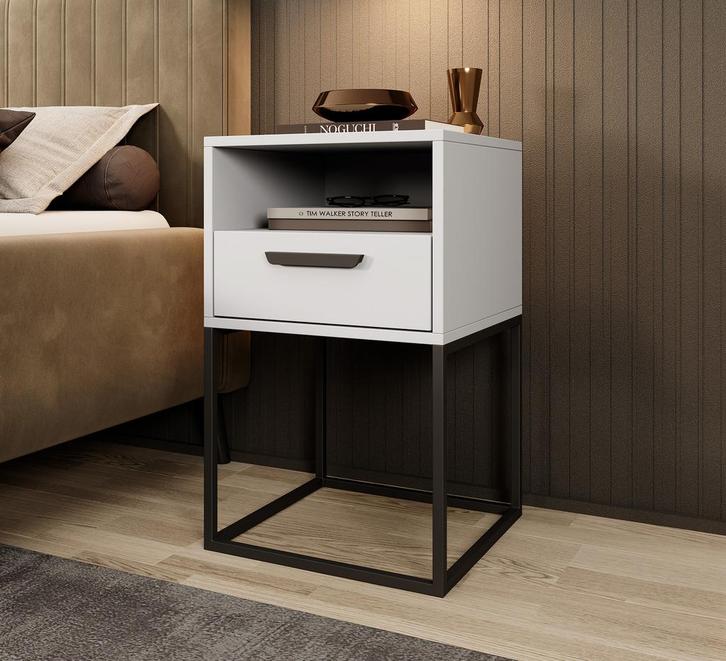 Meubella Nachtkastje wit 40 cm met lade metalen onderstel, Huis en Inrichting, Kasten | Overige, Nieuw, Verzenden
