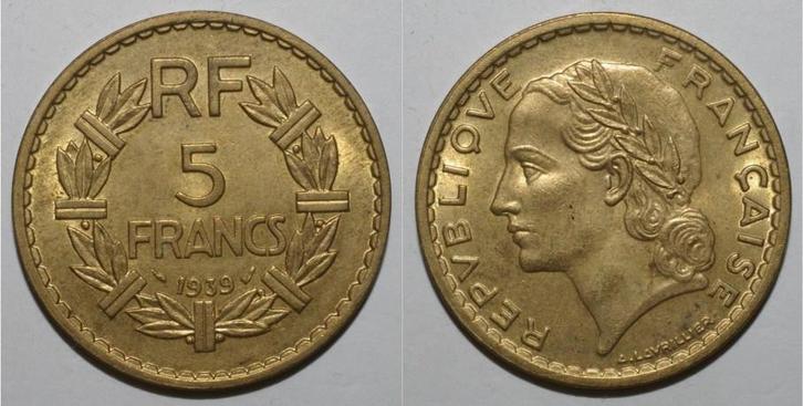 France Frankreich Km 888 5 Francs 1939 Typ Lavrillier, Postzegels en Munten, Munten | Europa | Niet-Euromunten, België, Verzenden