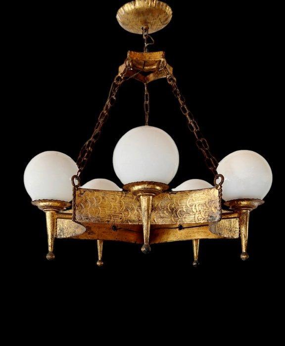 Plafondlamp - geperst ijzer, kristal, Antiek en Kunst, Curiosa en Brocante