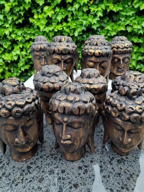 Beeld, 12 Mooie houten Boeddha hoofden - 14 cm - Hout, Antiek en Kunst, Kunst | Niet-Westerse kunst