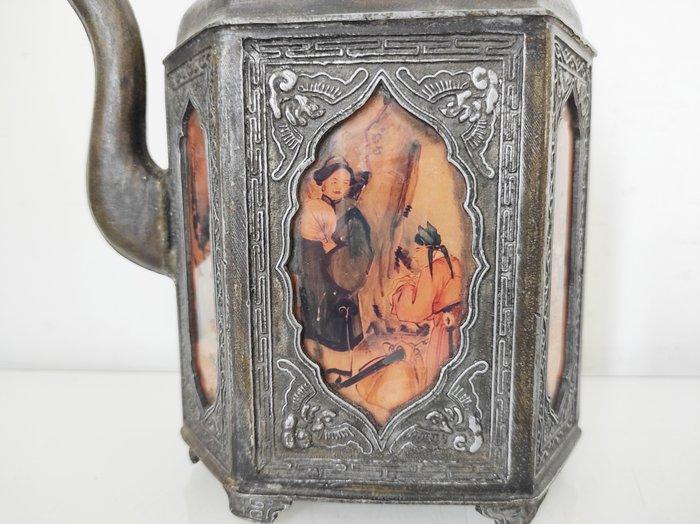 Theepot - Hexagonaal met geschilderde scènes - Glas, Tin, Antiek en Kunst, Antiek | Overige Antiek