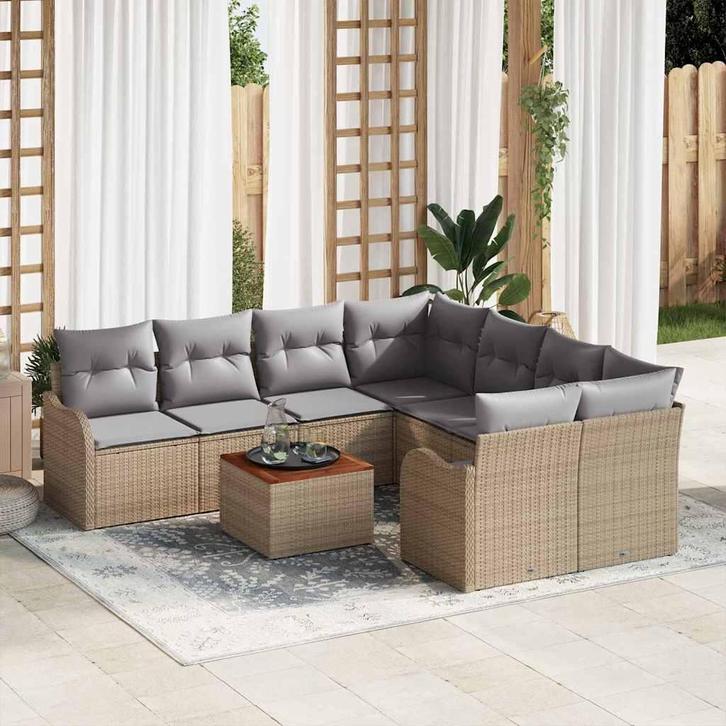 vidaXL Tuinbank Set 9 pcs Beige Poly rattan, Tuin en Terras, Tuinsets en Loungesets, Nieuw, Verzenden