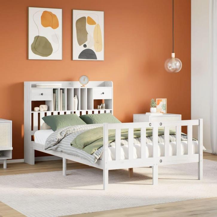 vidaXL Bed met boekenkast zonder matras grenenhout wit, Huis en Inrichting, Slaapkamer | Bedden, Nieuw, Verzenden