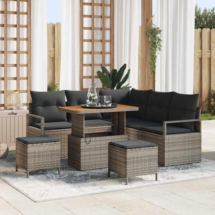 vidaXL Tuinbank Set met kussen 8 pcs Grijs Poly rattan, Tuin en Terras, Tuinsets en Loungesets, Nieuw, Verzenden