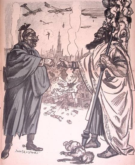 Spotprent Duits bombardement van Engeland tijdens Eerste..., Antiek en Kunst, Kunst | Litho's en Zeefdrukken, Verzenden