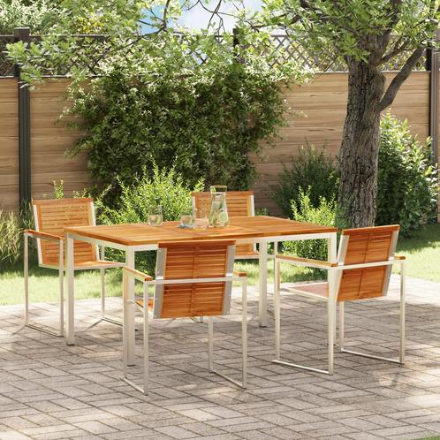 vidaXL 5-delige tuin eetset van massief teak en roestvrij, Tuin en Terras, Tuinsets en Loungesets, Nieuw, Verzenden