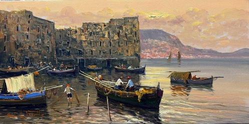 Pasquale Vuotto (1958) - Pescatori a Posillipo Palazzo, Antiquités & Art, Art | Peinture | Classique