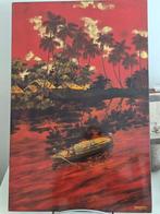 Panneau de bois laqué Jonque sur le Mékong - bois laque, Antiquités & Art